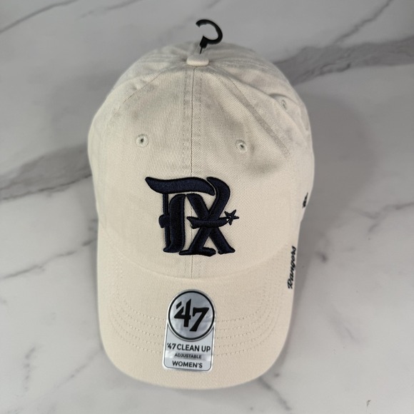 Texas Rangers Hat Cap Strap Back Womens Cream Navy Baseball 47 Clean Up Script - Picture 9 of 16